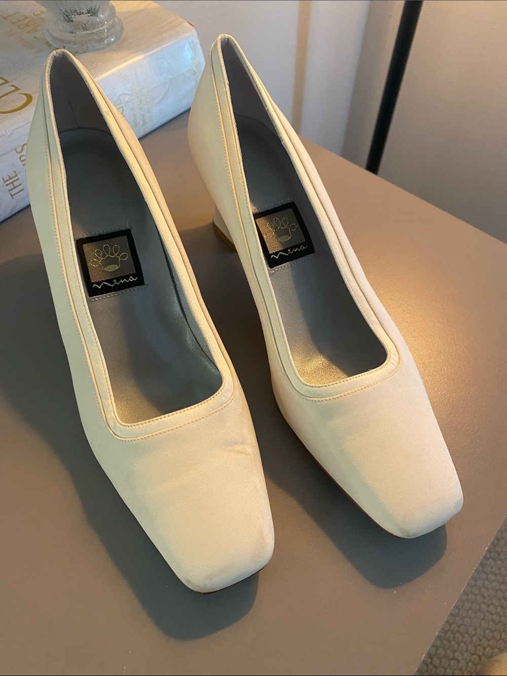 Nina Cream Square-Toe Low Block Heels